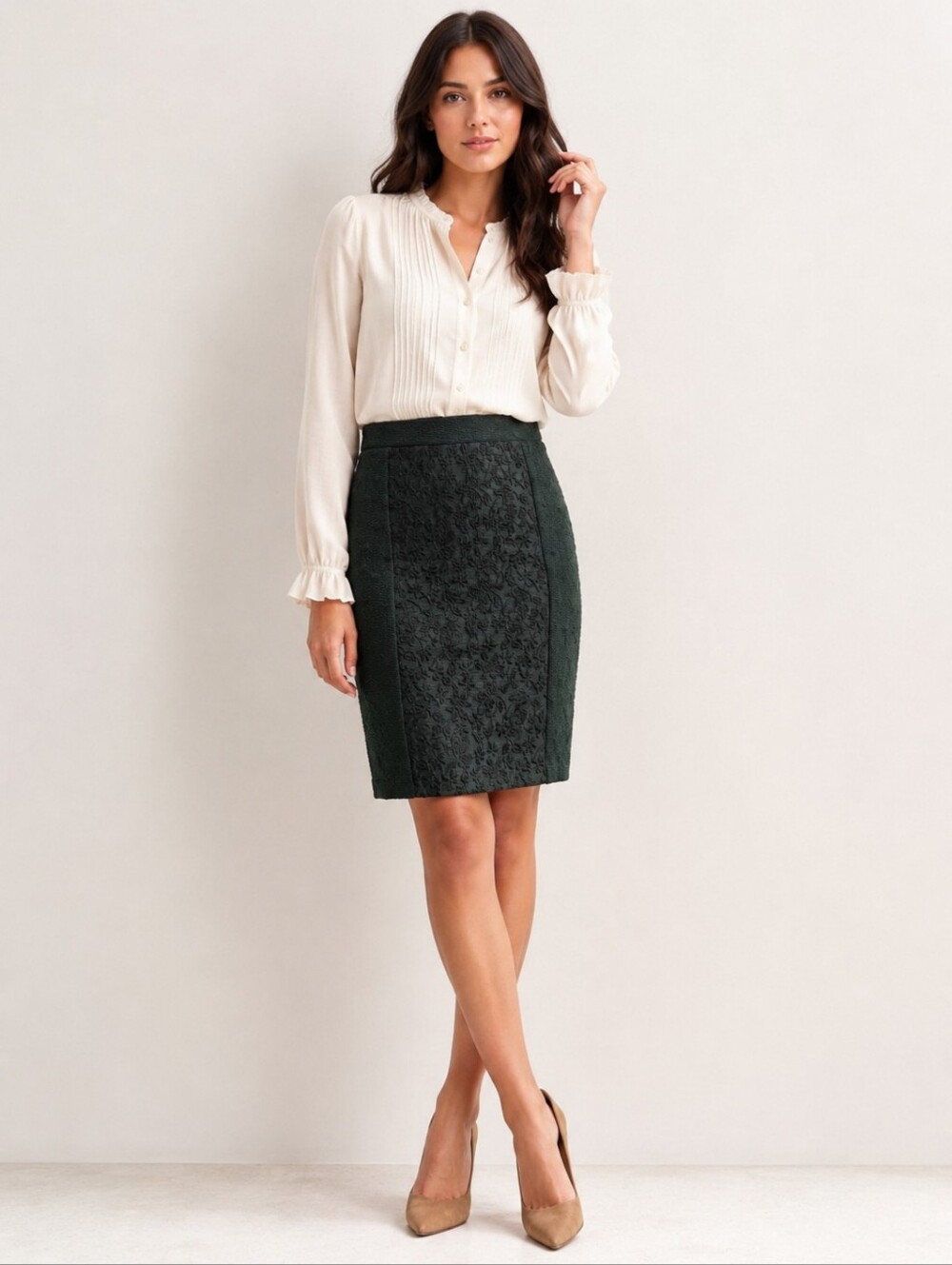 Moulinette Soeurs Anthropologie Dark Green Lace Panel Pencil Skirt Size 8